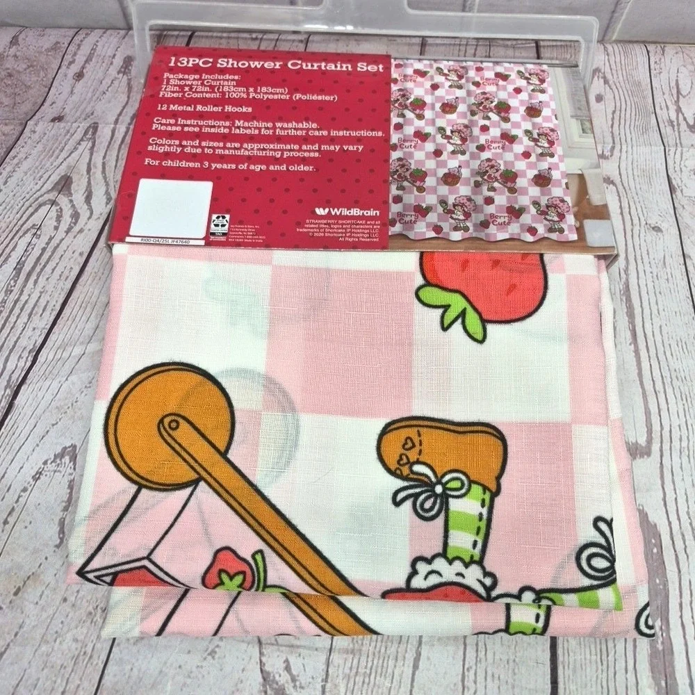Strawberry Shortcake 13PC Shower Curtain Set Pink Checkered Berry Cute 72x72 NEW